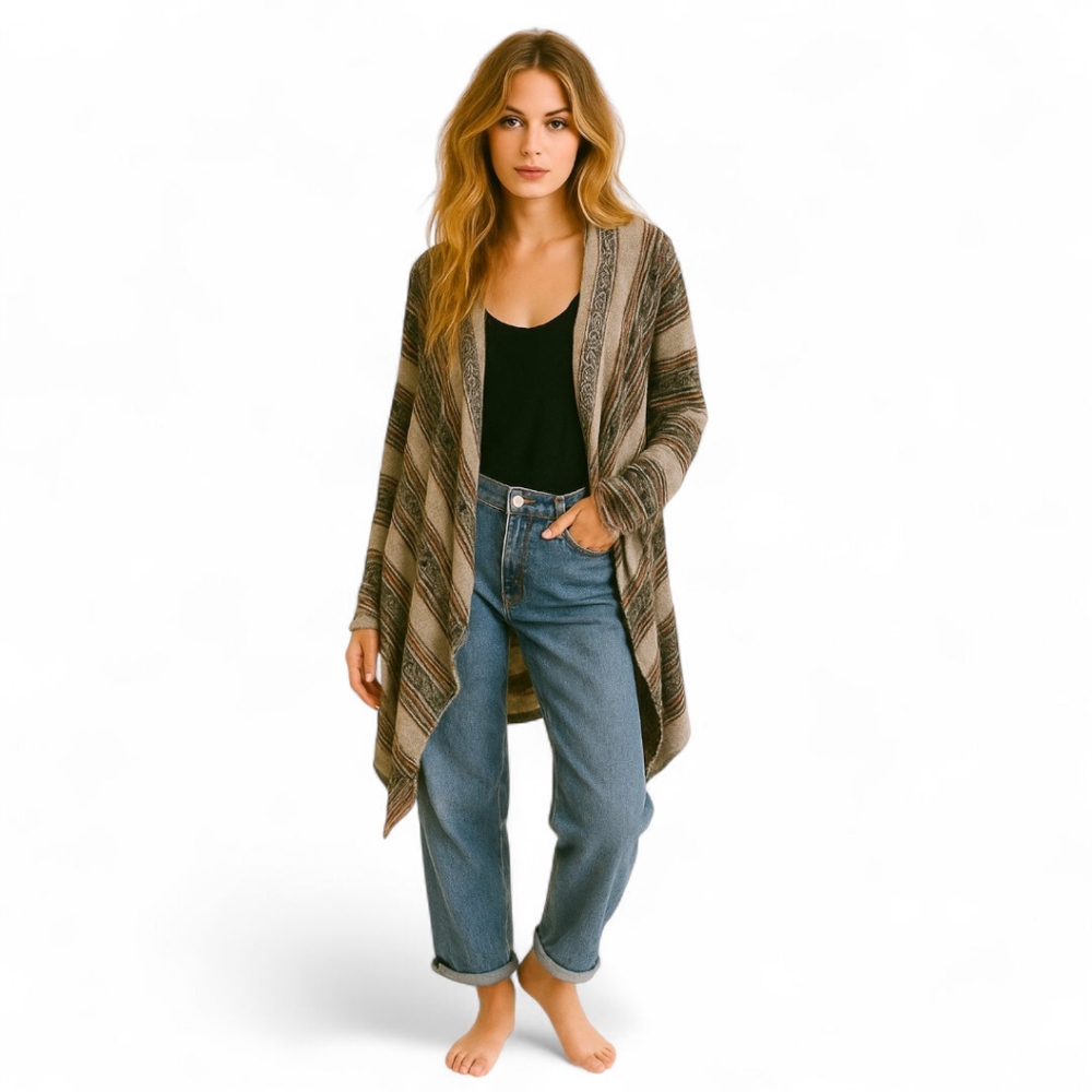 Peruvian Connection Pima Cotton Open Front Cardigan Wrap Southwest Sz‎ L Aztec